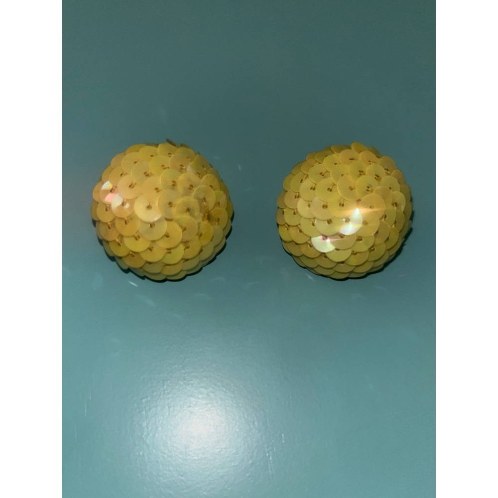 Vintage Sequin Yellow Button Dome Earrings